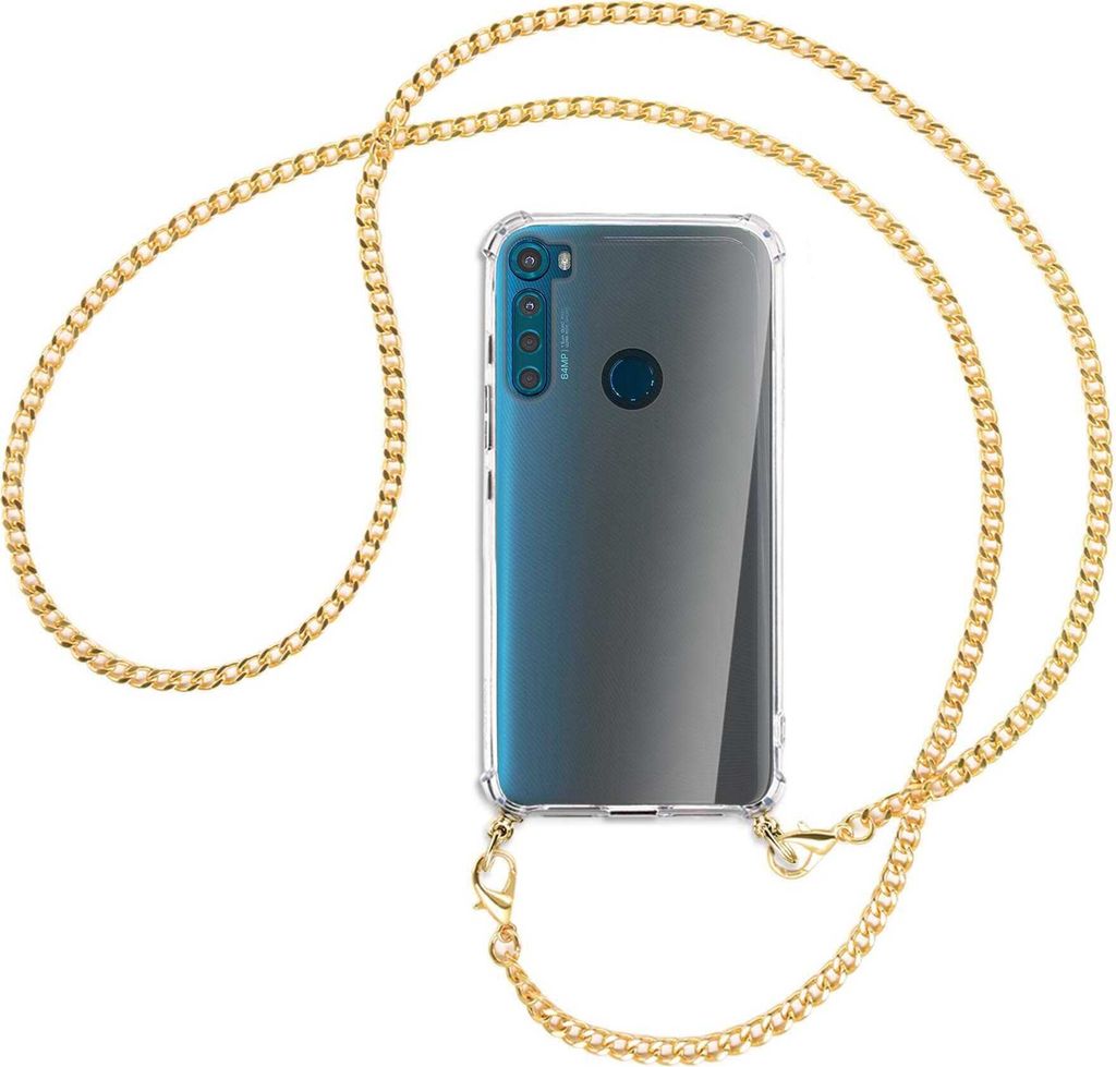 Handykette Backcover-Schutzhülle mit Band (Metall goldfarben) für Motorola One Fusion Plus - goldfarbene Kette