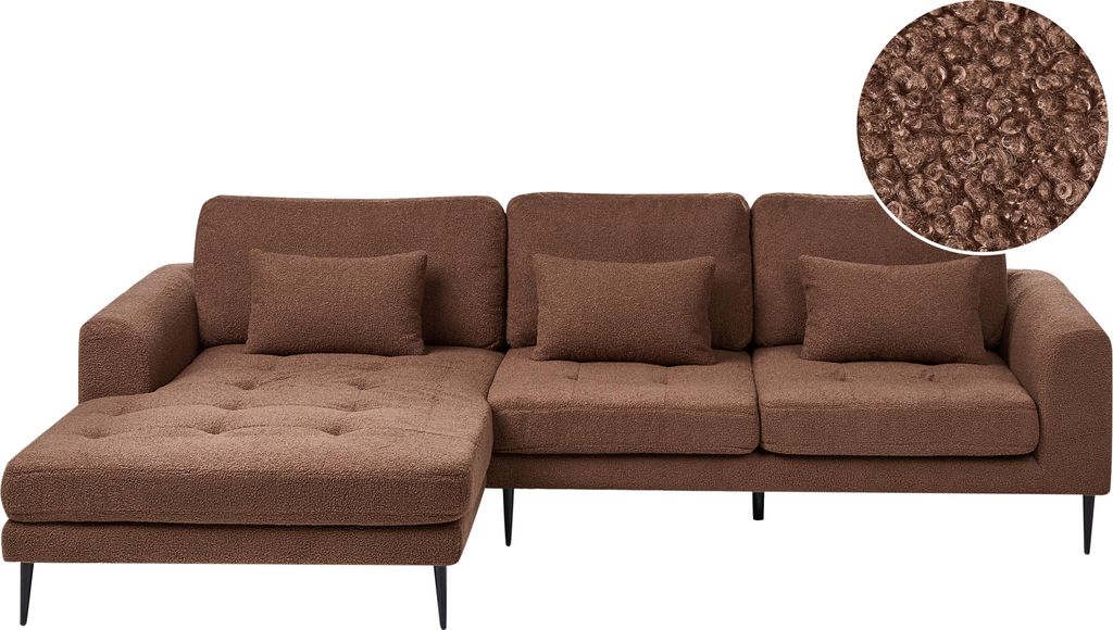 BELIANI Ecksofa Braun Bouclé L-förmig 3-Sitzer Sofa Rechtsseitig mit Losen Kissen Schwarzen Metallfüßen Wohnzimmermöbel Modern Wohnecke Sitzecke