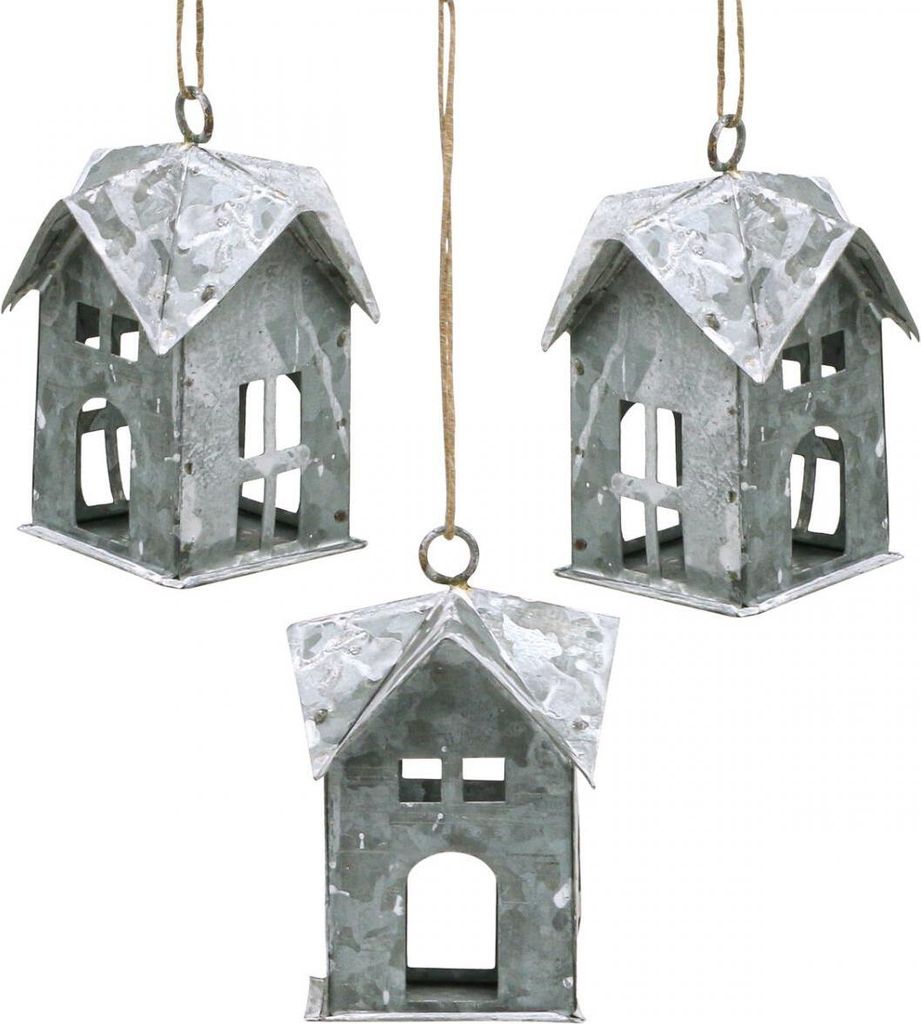 Weihnachtsanhänger Metall Haus Shabby Chic Weiß 9,5cm 3 Stk Deko Christbaumschmuck Fensterdeko, 3 Stück