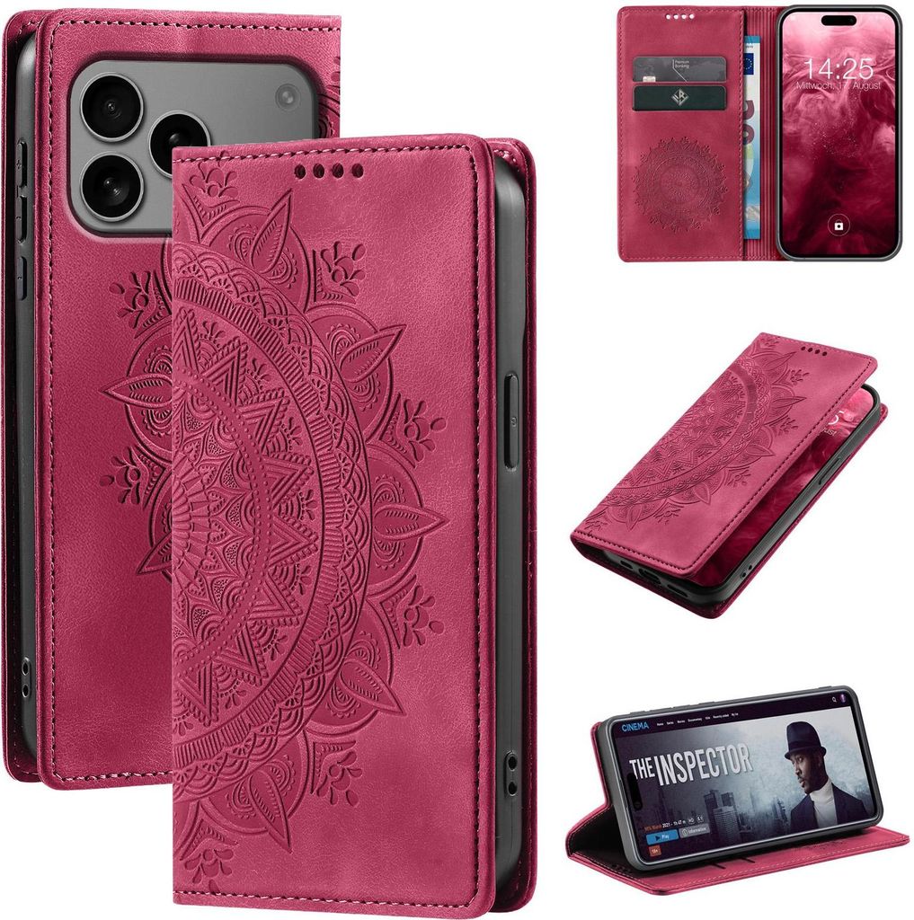 Mandala Handyhülle für Apple iPhone 17 Pro Max RFID Schutz Klapphülle Case Cover Design Schutzhülle Farbe: Magenta
