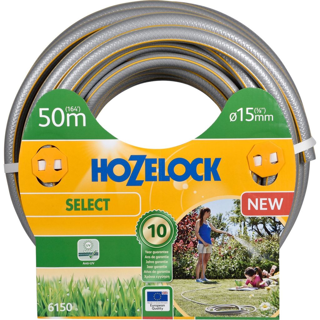 Hozelock Select Anti-UV-Gartenschlauch, grau, mit gelben 3D-Streifen, 15 mm Durchmesser, 50 m