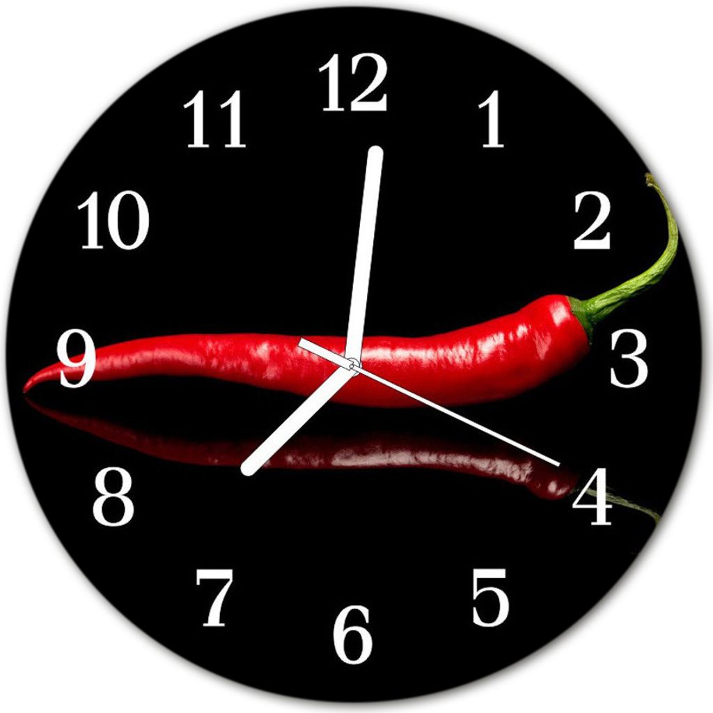 Glasuhr Wanduhr Küchenuhr Echt-Glas 30fi cm Chilischote schwarz rot