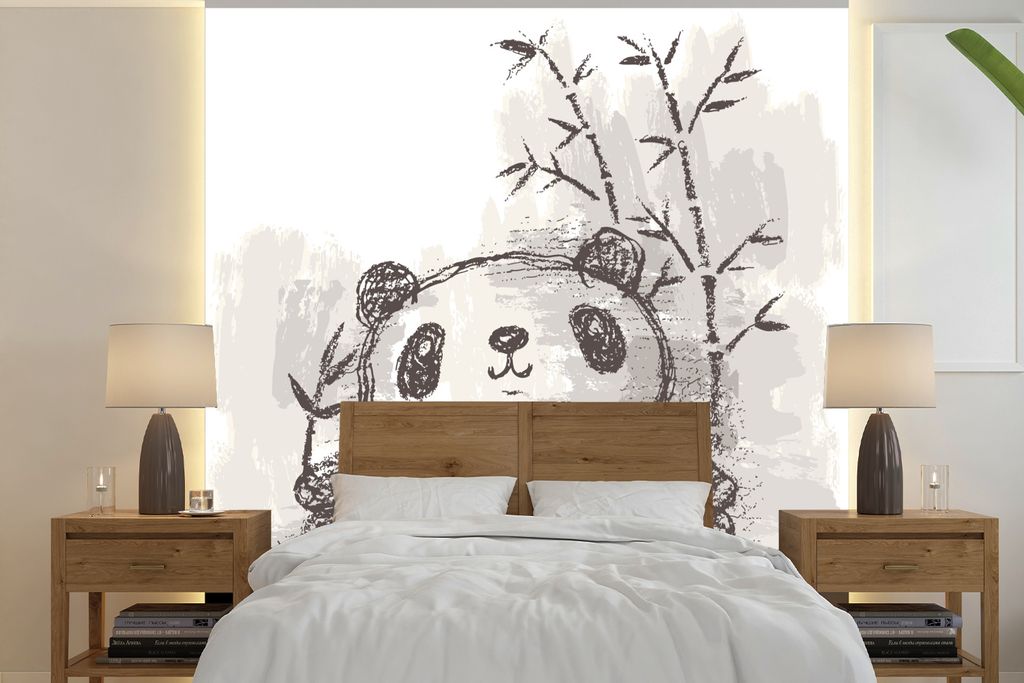 MuchoWow Fototapete für Wohnzimmer oder Schlafzimmer Wandtapete Vinyl Motivtapete Panda - Bambus - Schwarz - Weiß - 280x280 cm - Hintergrundbild