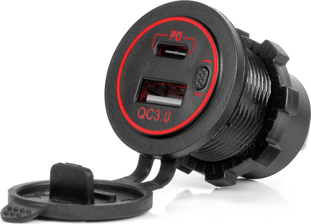 Wasserdichte USB + USB-C Autoladegerät QC3.0 12V 24V mit LED-Anzeige