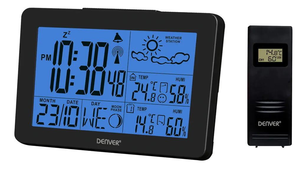 Station météo Denver WS-530 noire à écran LCD et prévisions iconographiques