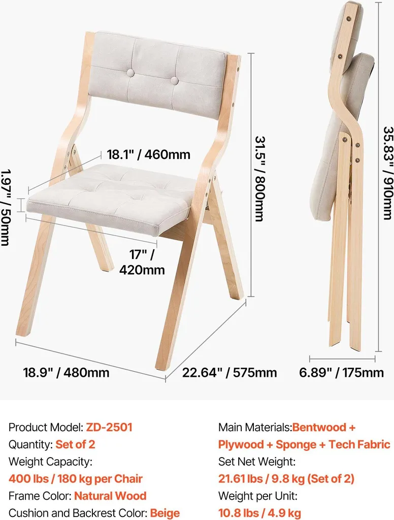 SucceBuy Sedia da giardino pieghevole con cuscino imbottito e struttura in legno, set di 2. Moderna sedia da pranzo per cucina, ufficio o feste, portata fino a 180 kg (per sedia), pieghevole, beige e bianca, design salvaspazio. - 7