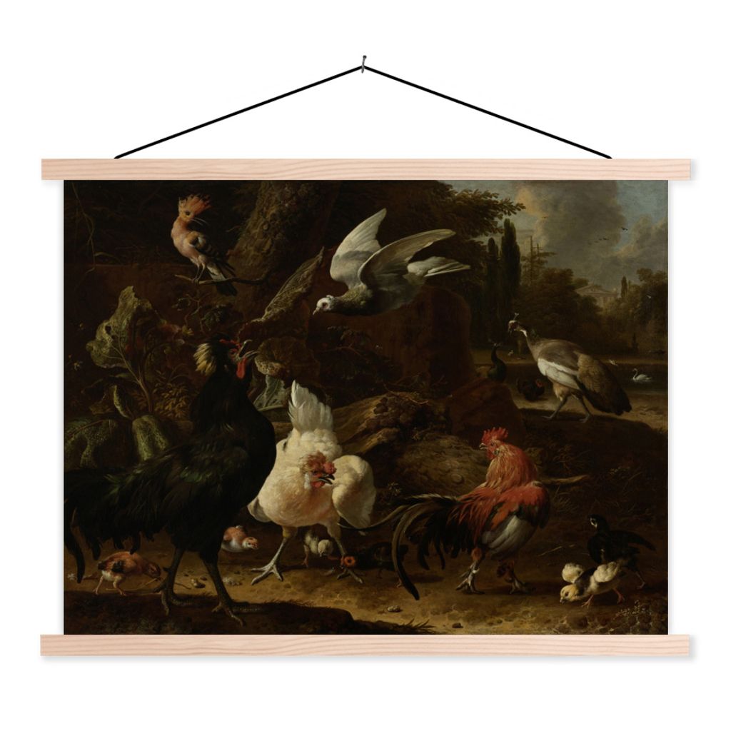 MuchoWow Textilposter Vögel in einem Park - Gemälde von Melchior d'Hondecoeter 150x113 cm mit holzfarbenen Rahmen - Poster