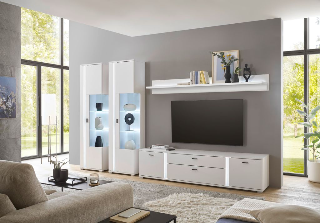 LIVOJO M19 Wohnzimmer Lowboard breit 200 x 45 x 42 cm Weiß Matt