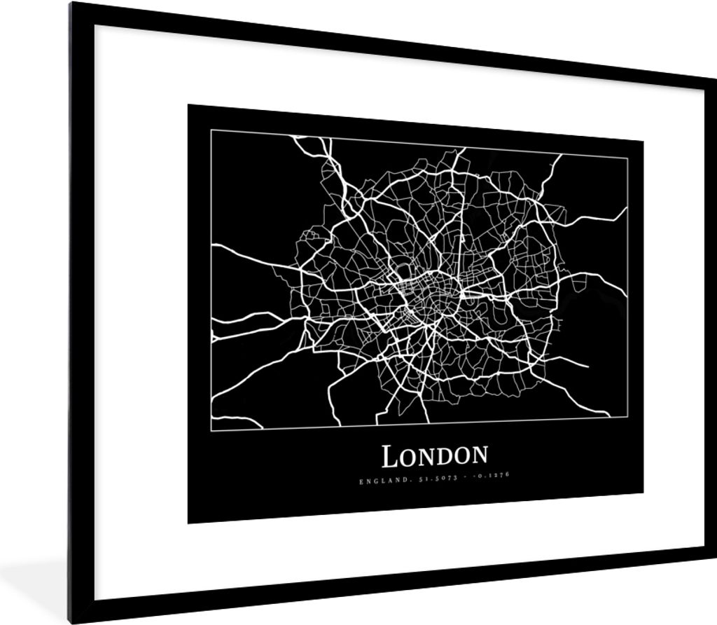 MuchoWow Gerahmtes Poster Karte - Stadtplan - London 80x60 cm - Poster mit Schwarzem Bilderrahmen Wandposter Rahmen Foto Bilder - Schlafzimmer-De...