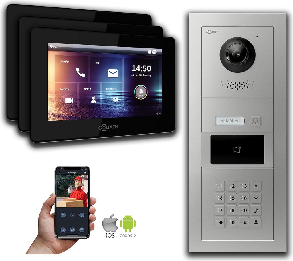 Türsprechanlage mit Kamera Goliath IP 2-Draht 3-Monitore Zahlencode RFID : Unterputzdose : 7 Zoll in Schwarz Türklingel Montagedose: Unterputzdos...