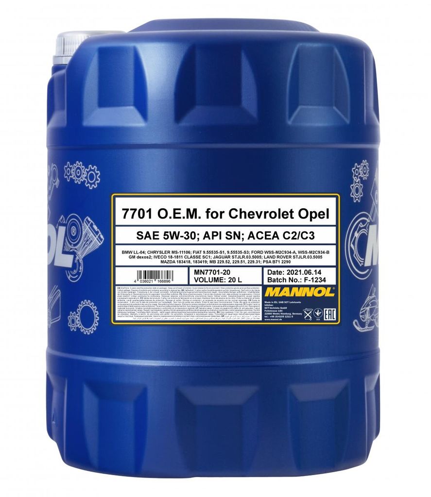 A blue plastic container of engine oil with a label detailing product information.