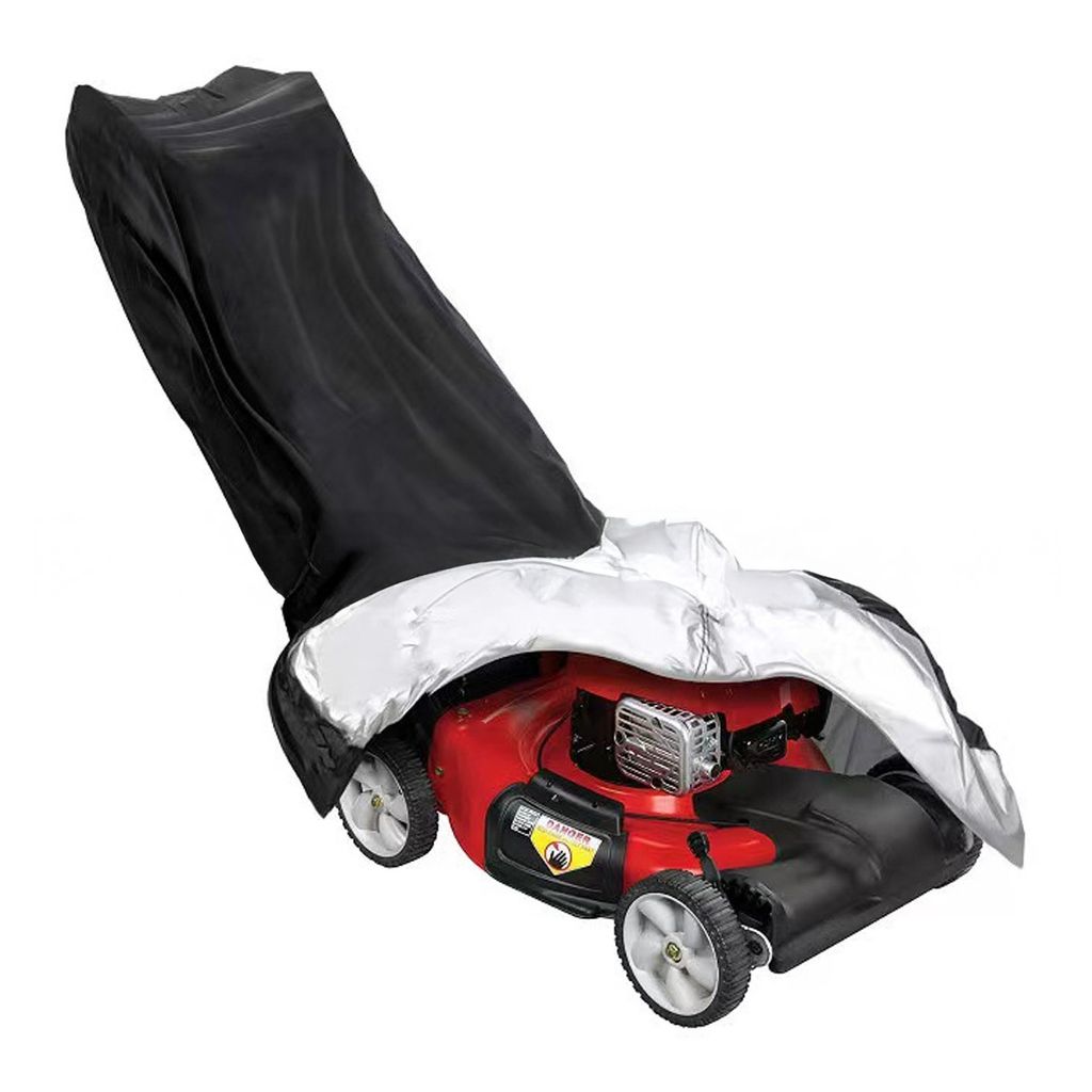 A red lawnmower partially covered by a black and silver cover, isolated on a white background.