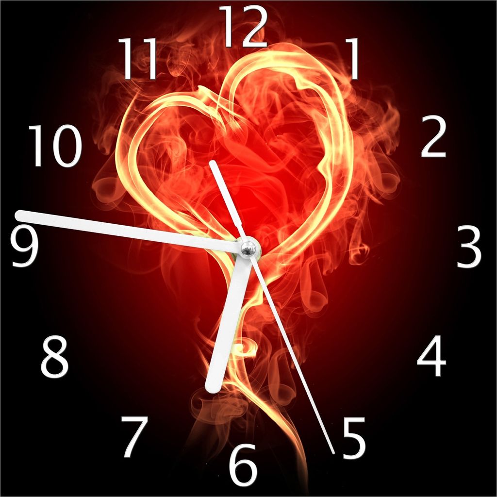 Wallario Design Wanduhr Brennendes Herz aus Echtglas, Größe 20 x 20 cm