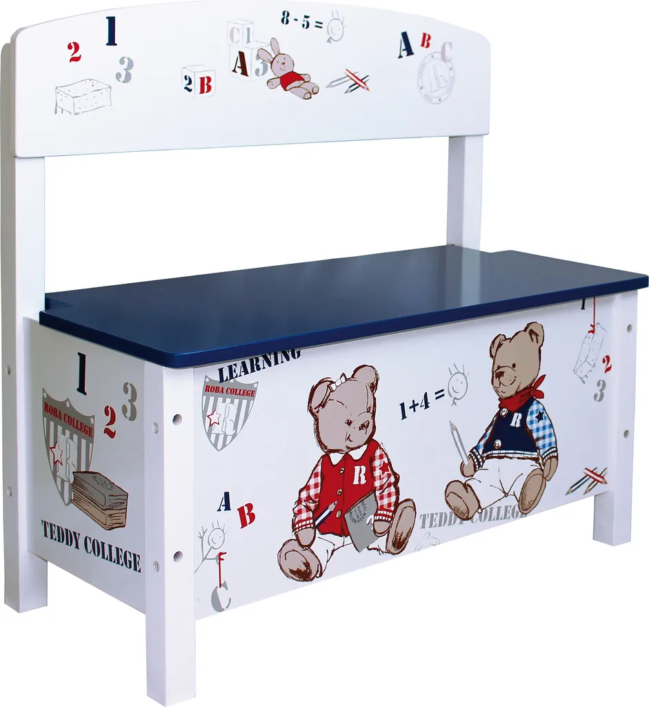 Meuble de rangement jouets Teddy College, banc enfant blanc et bois