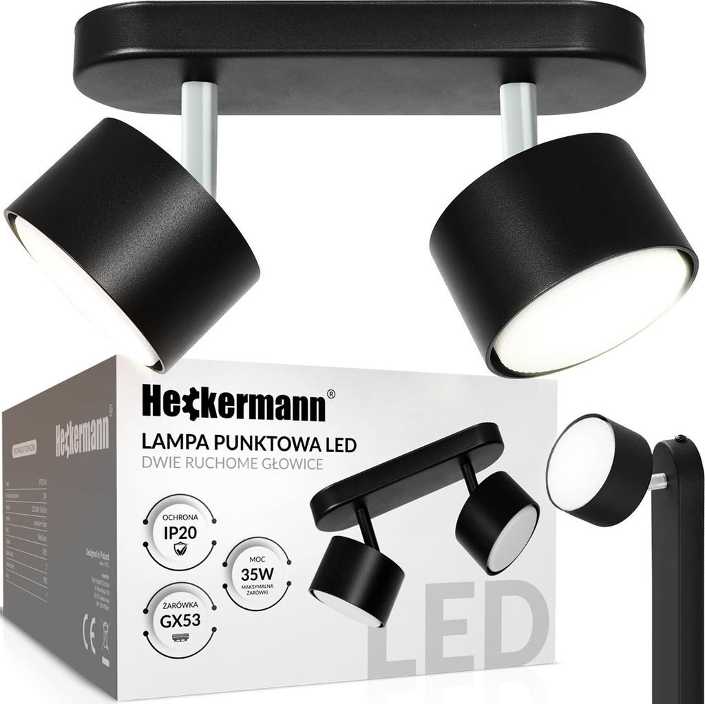 Lampa punktowa LED Heckermann 8795314A Czarna 2x głowica Zdjęcie produktu 