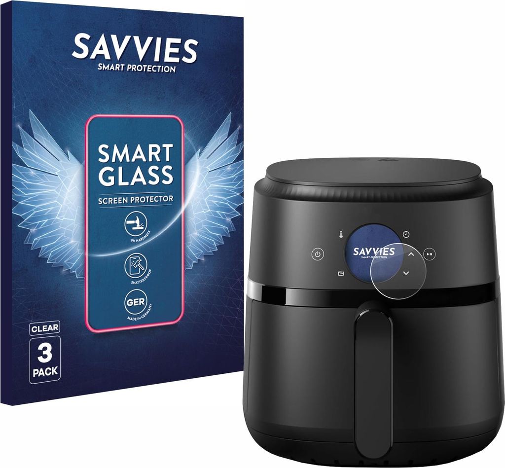 3x Savvies Schutzglas Folie für Philips Airfryer 2000 Gen 2 4,2L 9H Panzer Schutzfolie Glas Displayschutz klar transparent