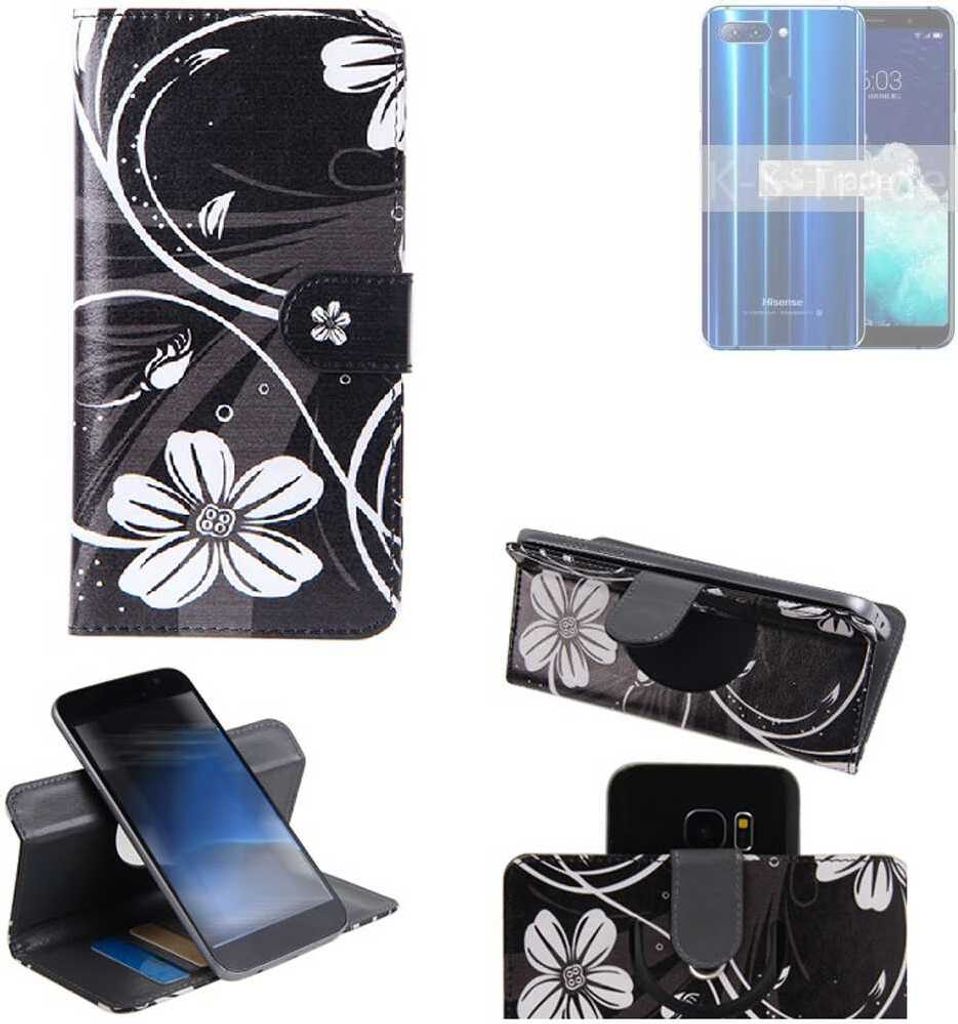 K-S-Trade Schutzhülle Handyhülle kompatibel mit Hisense Infinity H11 Pro Hülle 360° Wallet Case ''Flowers'' Klapphülle Hülle schwarz-weiß 1x