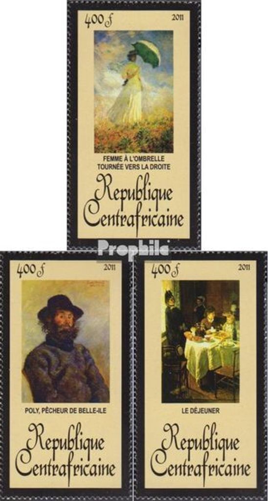 Briefmarken Zentralafrikanische Republik 2011 Mi 3437-3439 (kompl.Ausg.) postfrisch Gemälde von Monet