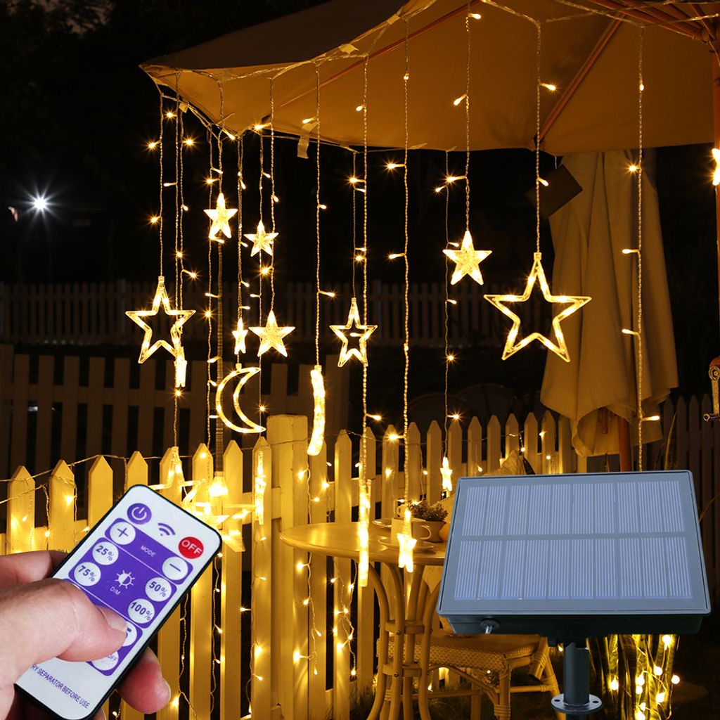 Solar Lichterkette Aussen 3M LED Sterne Mond Vorhang Lichter 8 Modi Ramadan Nachbildung mit Fernsteuerung Wasserdicht Solarlichterkette für Garten...
