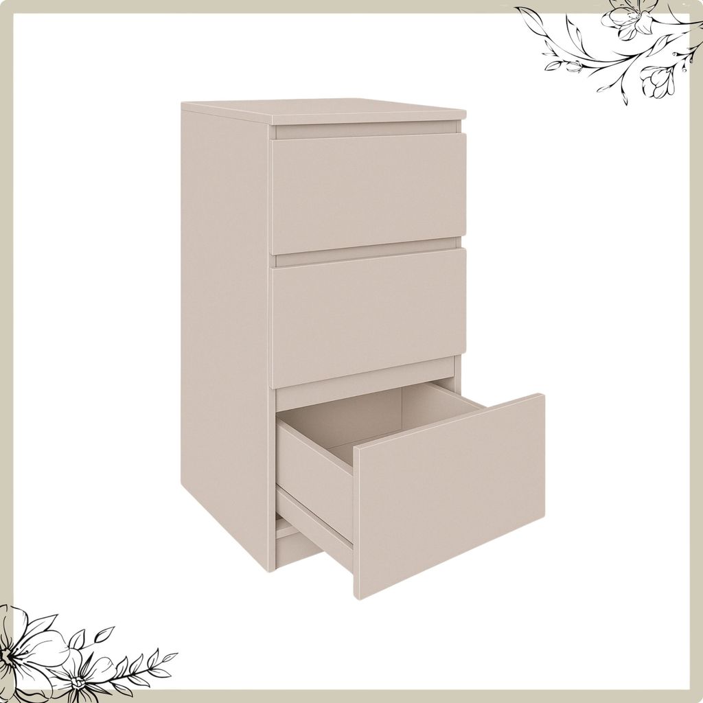 A beige three-drawer chest of drawers with one drawer open, shown against a white background.