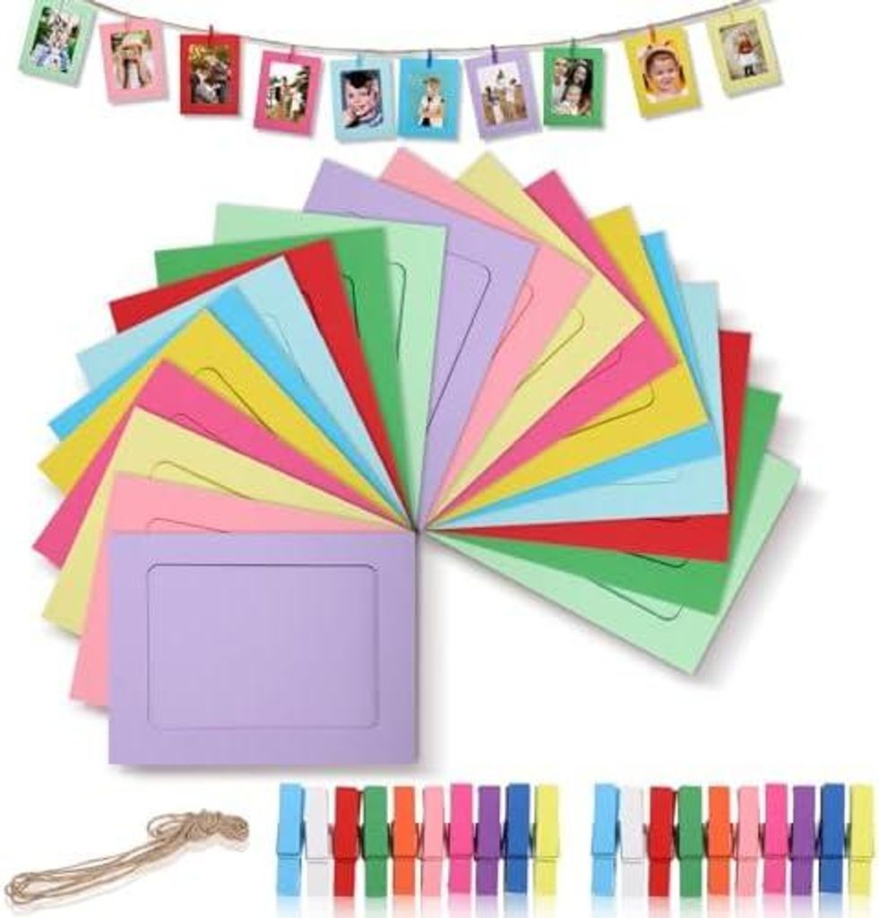 20 Stück Papier Fotorahmen, Photo Garland, Foto Girlande, Bilderrahmen Papier mit Clip und Hanfseil, Foto Klammern, Fotogirlande Bunt für Zuhause...