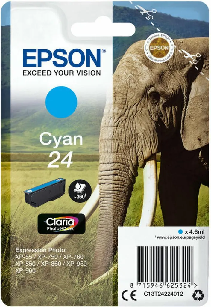 Cartuccia Epson 24 Ciano T2422 Elefante - Inchiostro Originale