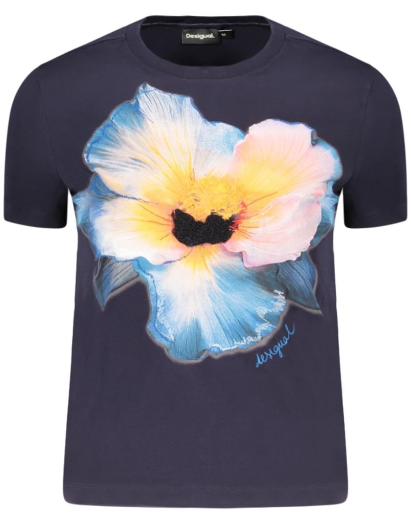 Stylisches Damen T-Shirt Blau mit Print & Stickerei – Kurzarm & Rundhals