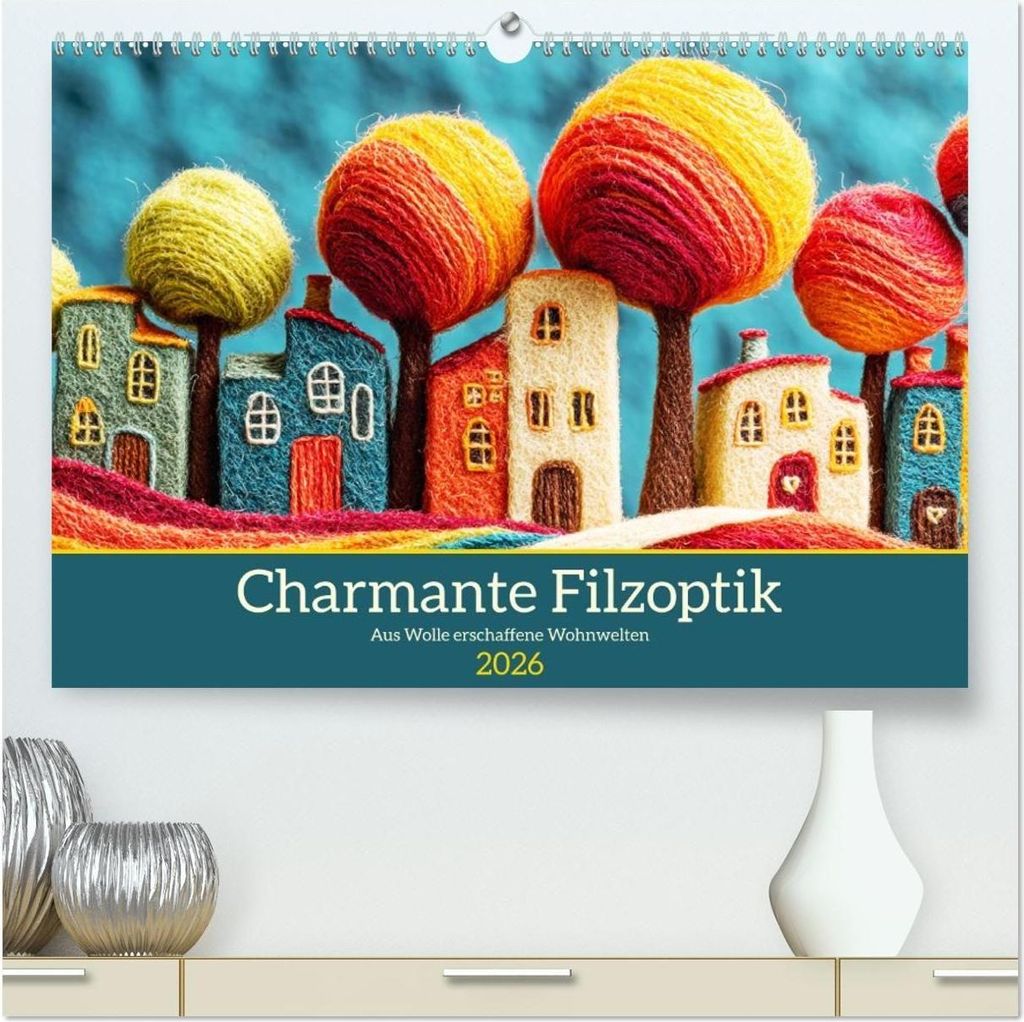Charmante Filzoptik. Aus Wolle erschaffene Wohnwelten (hochwertiger Premium Wandkalender 2026 DIN A2 quer), Kunstdruck in Hochglanz