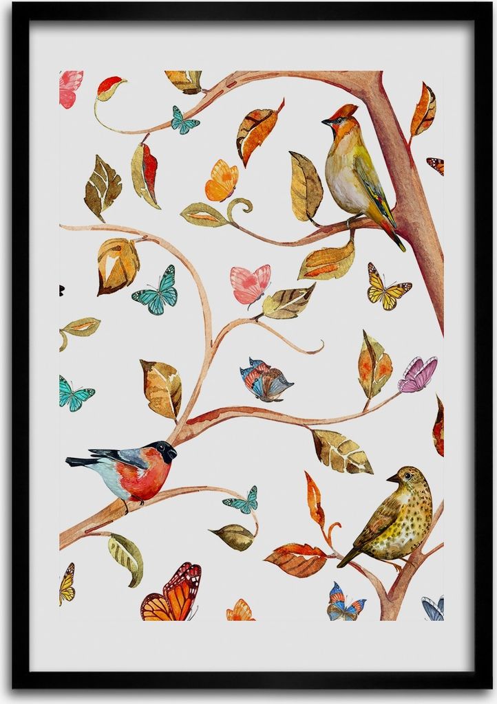 Bild - Bilderrahmen - Foto - 70 cm x 100 cm - MDF - Rahmen - Wandkunst - Vögel Schmetterlinge Blätter