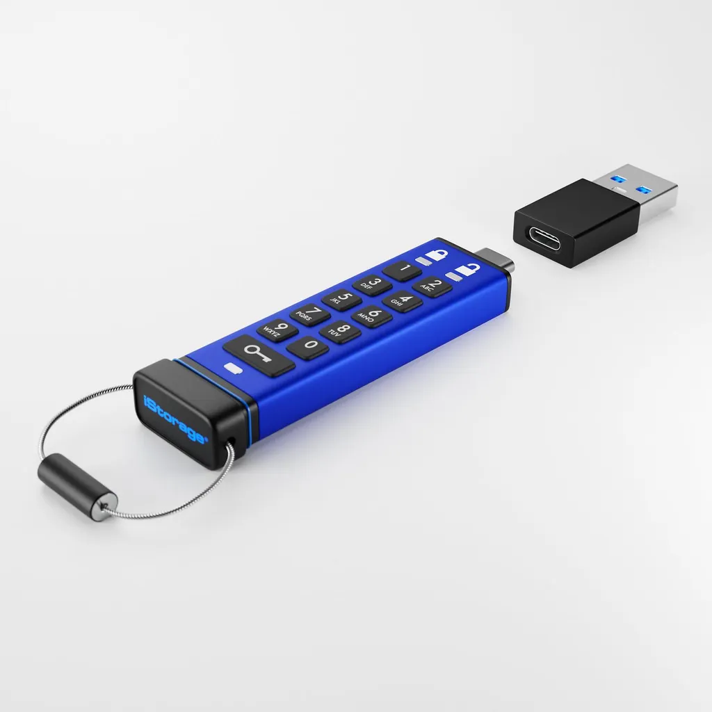 iStorage datAshur PRO+C 256 Go - Clé USB C 3.2 Sécurisée par Code PIN Bleu