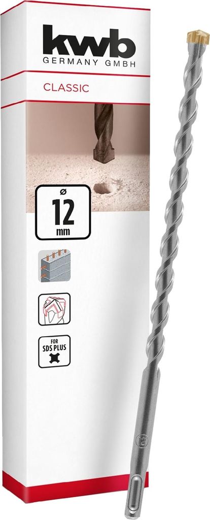 kwb SDS Plus Bohrer, SDS Plus Hammerbohrer (Ø 12 mm x 260 mm, mit extrem schneller Hartmetall 4X-Schneide, für armierten Beton, Stein & Mauerwerk)