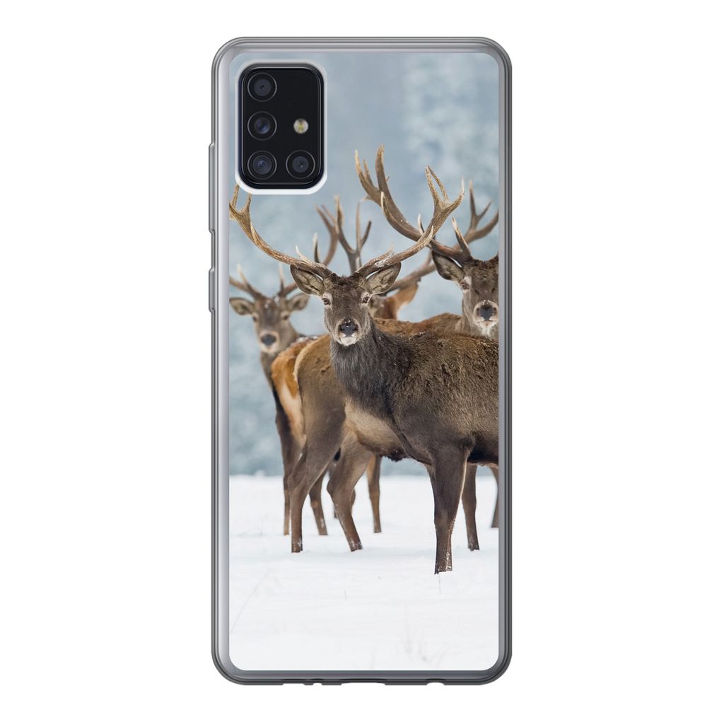 MuchoWow Handyhülle Schutzhülle Hülle für Samsung Galaxy A52 5G Hirsche - Tiere - Schnee - Winter - Landschaft - Natur Silikon Softcase Handy...