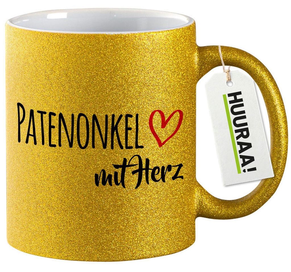 Huuraa Glitzertasse Patenonkel mit Herz 330ml Gold Keramik Kaffeebecher Geschenkidee