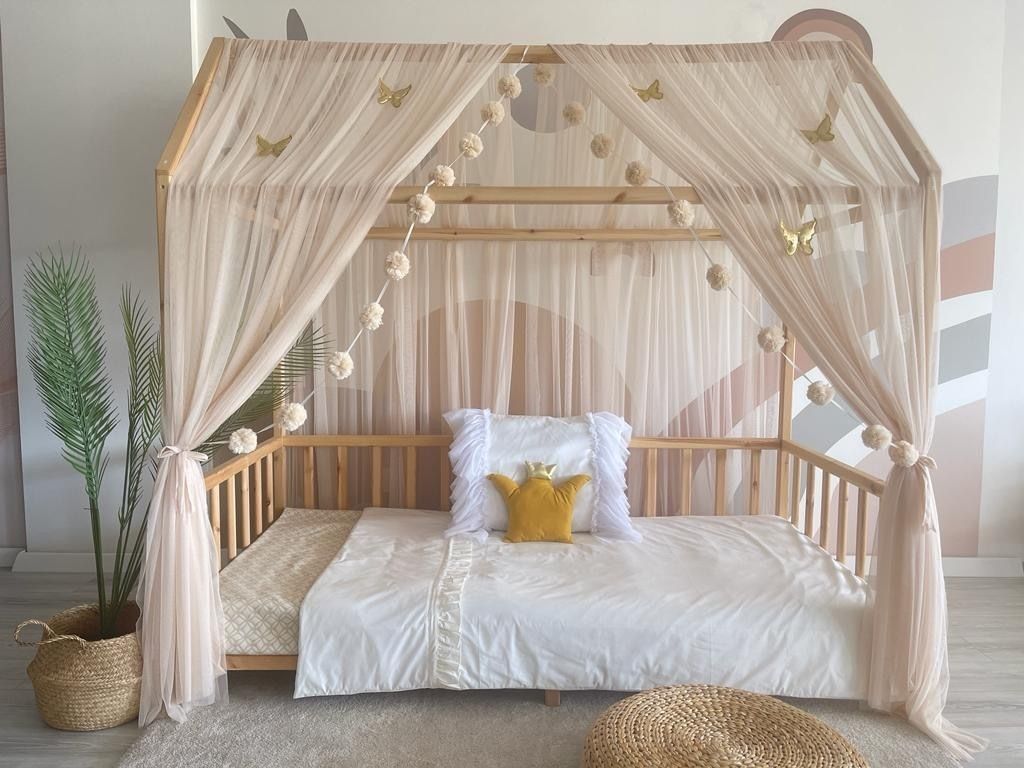 Hausbett Himmel Betthimmel beige für Kinderbett Kinderzimmer Baldachin Bettvorhang Betthimmel für Mädchen Prinzessin Zimmer 380cm