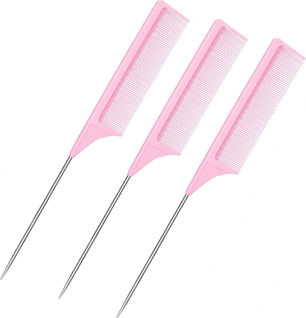 3er-Pack Rattenschwanzkamm, Stahlstift, Rattenschwanz, Kohlefaser, hitzebeständig, Toupierkämme mit Edelstahl-Spießenschwanz (Pink)