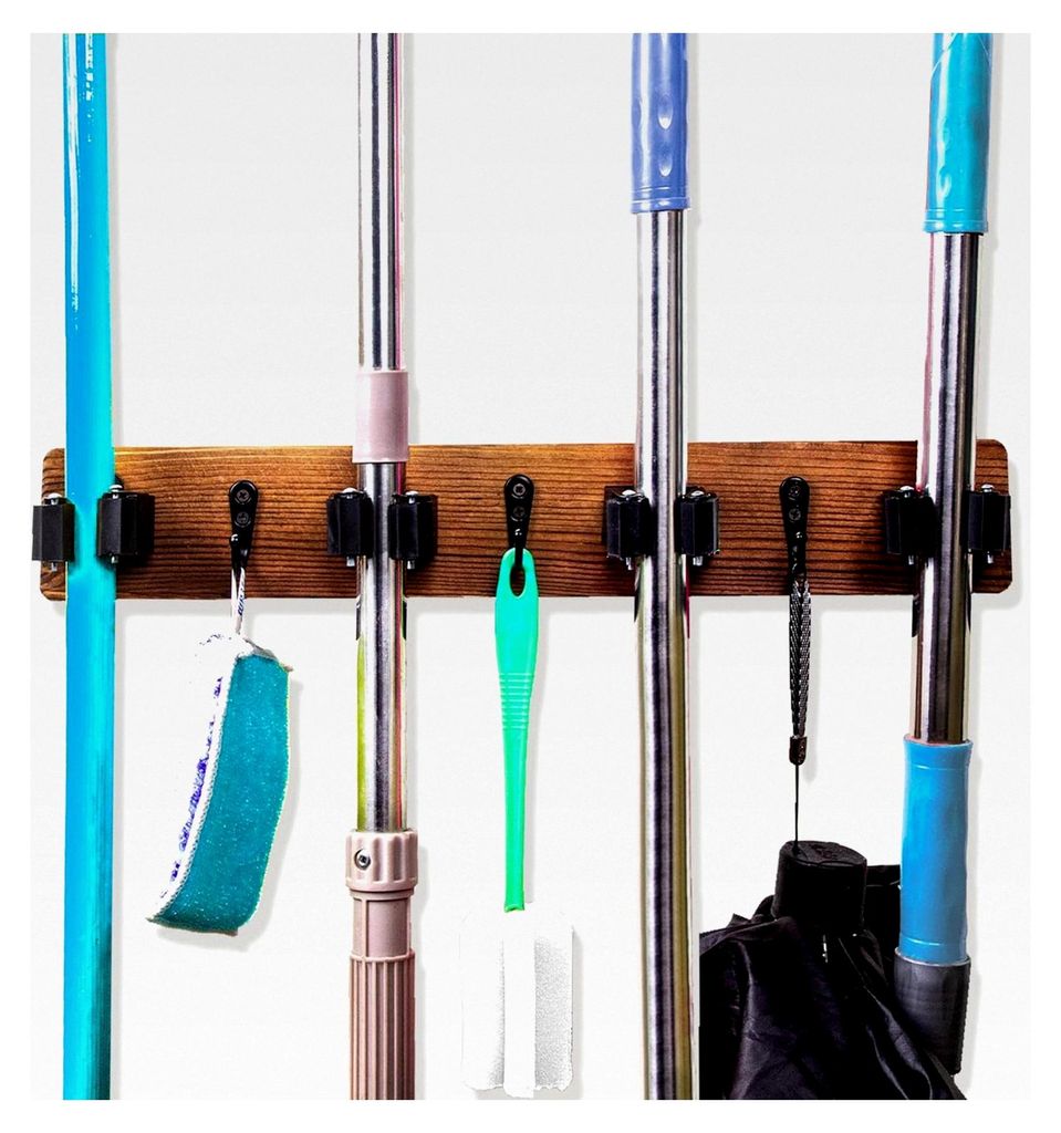 Wandhalterung für Mopp und Besen, Massivholz, 4 Positionen, 3 Haken, für Zuhause, Küche, Garten, Werkzeuge, Garage, Organisation, Reinigungsmittel