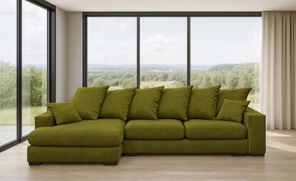 Kaiser Möbel Ecksofa mit schlaffunktion und bettkasten, Sofa L-form, Couch L-form Gabon HellGrün Ottomane Links