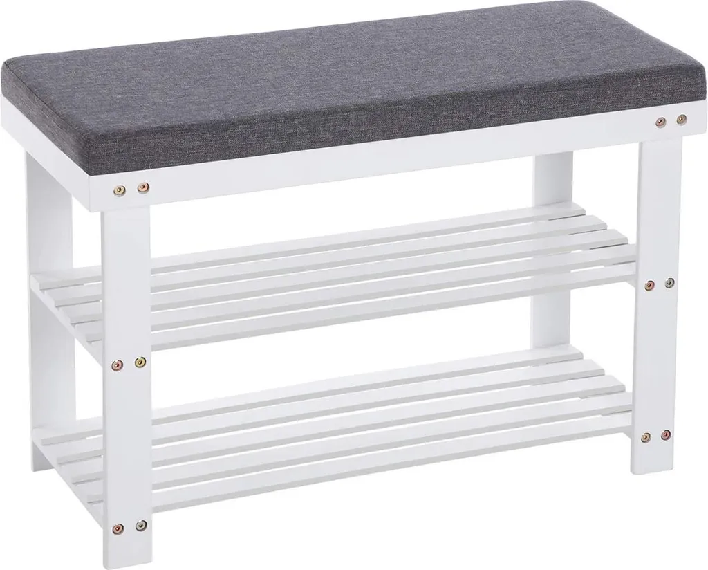 Banc à chaussures bambou blanc gris robuste avec 2 niveaux de rangement