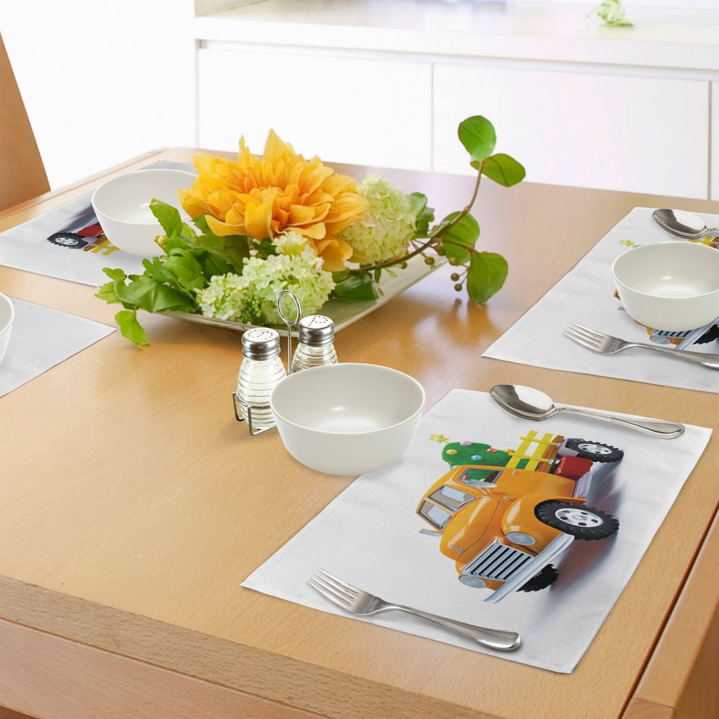 ABAKUHAUS Weihnachten Platzmatten, Gelber Weinlese-LKW und Baum-Design mit Star Topper Old Farm Vehicle, Tiscjdeco aus Farbfesten Stoff für das Es...