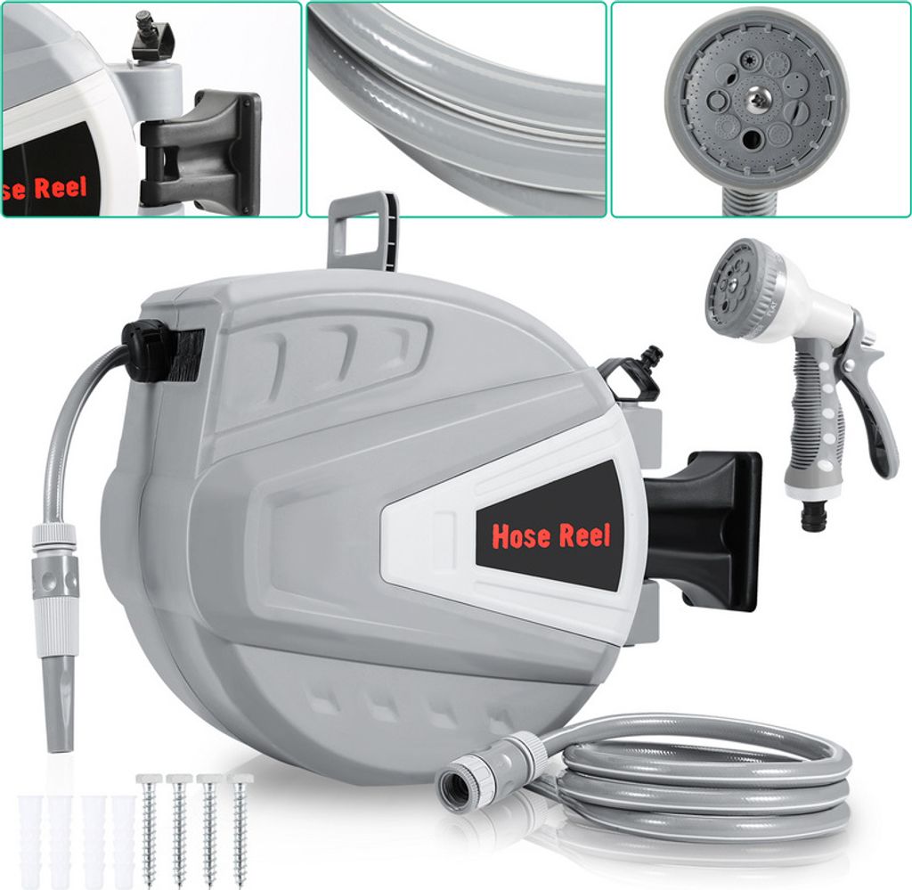 Fiqops Schlauchaufroller Wand-Schlauchbox Schlauchtrommel mit 3/4" Zoll Wasserschlauchaufroller 20m mit 9 Schlauchdüsenmuster