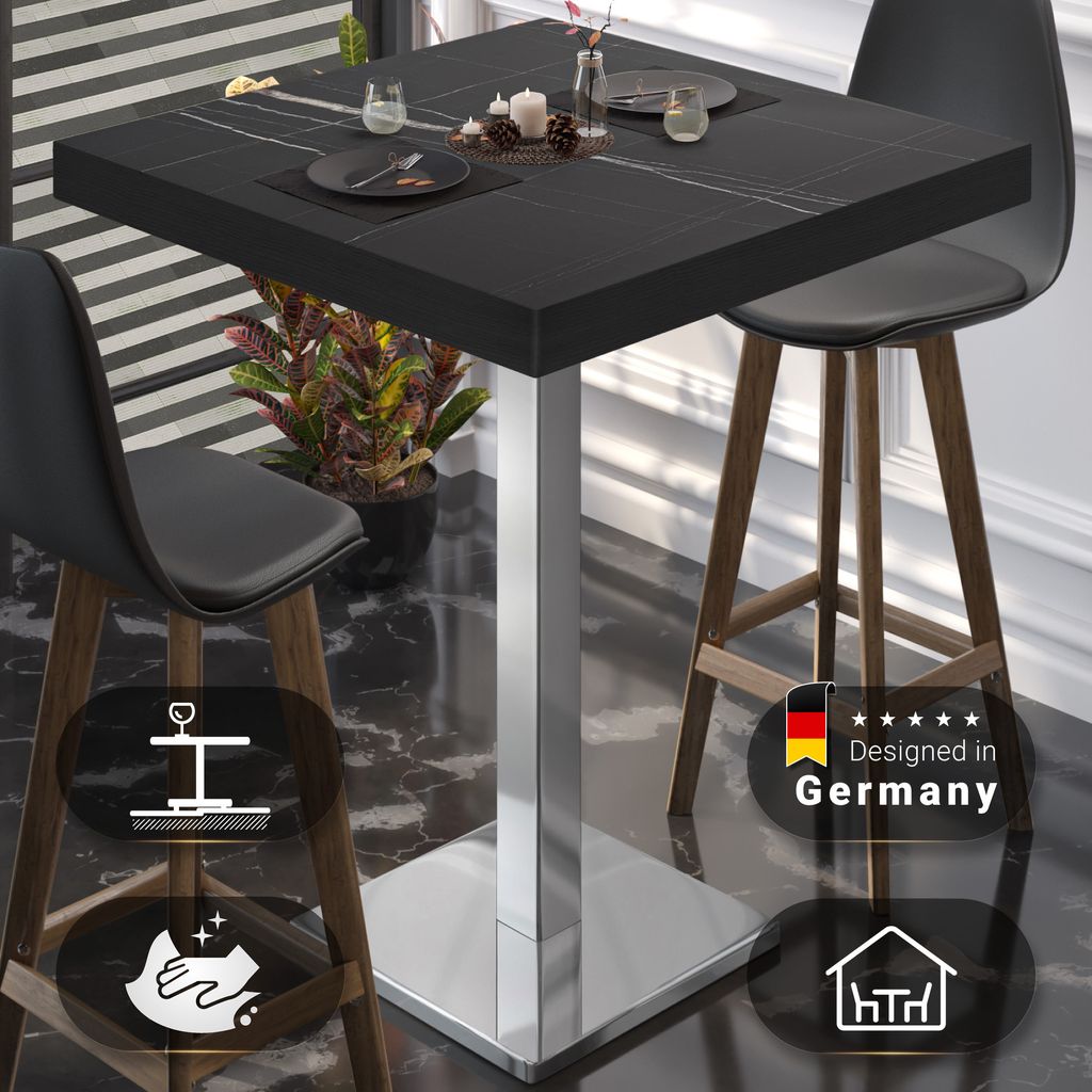BM | Bistro Stehtisch | 60 x 60 x 110 cm | Quadratisch | Schwarzer Rand | Schwarz Marmor / Edelstahl | Gastro Steh Tisch Restaurant