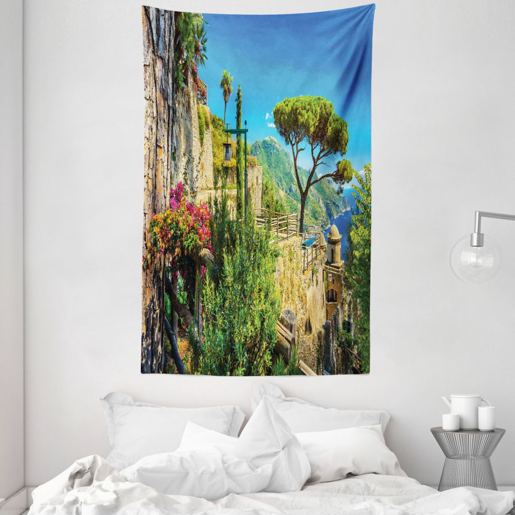 ABAKUHAUS Landschaft Wandteppich und Tagesdecke, Dorf Bäume Blüten aus Weiches Mikrofaser Stoff Waschbar ohne Verblassen Digitaldruck, 140 x 230 ...