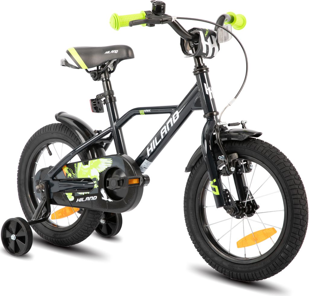 HILAND 16 Zoll Kinderfahrrad mit Stützrädern Handbremse Rücktrittbremse, für Jungen ab 4 5 6 7 8 Jahre, Schwarz