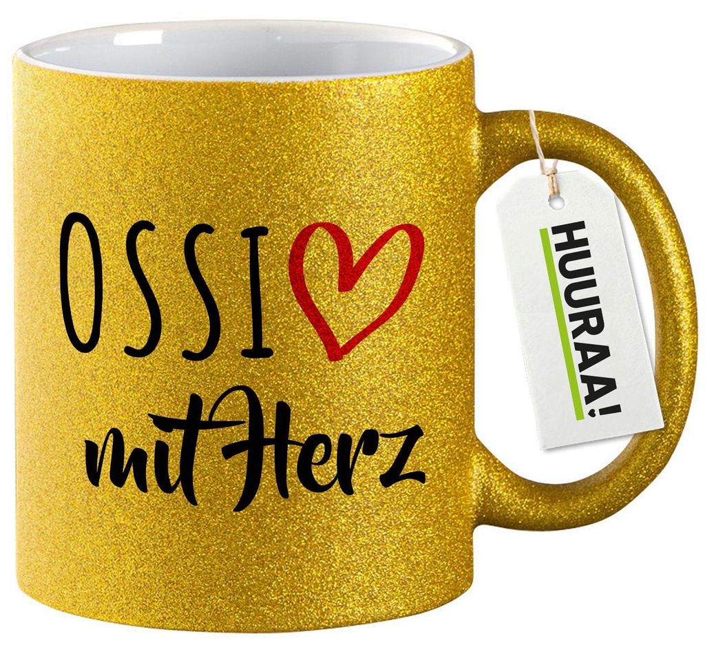 Huuraa Glitzertasse Ossi mit Herz 330ml Gold Keramik Kaffeebecher Geschenkidee