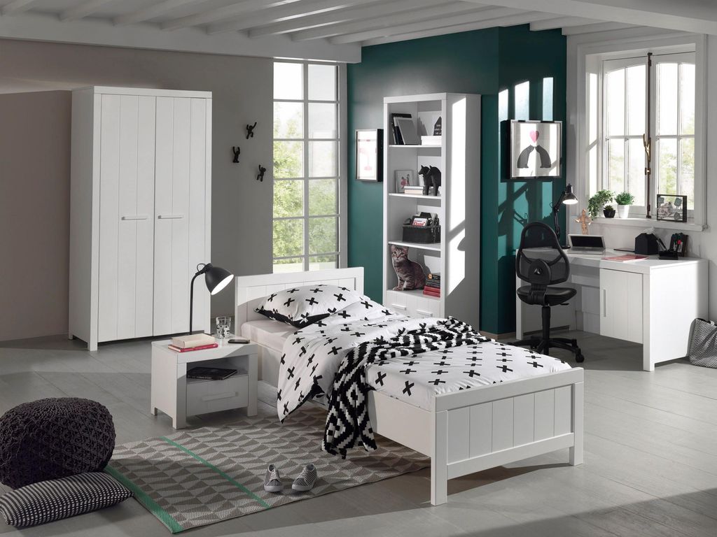 Vipack Set Erik bestehend aus: Einzelbett 90 x 200, Nachtkonsole, Kleiderschrank 2-trg., Schreibtisch, Regal