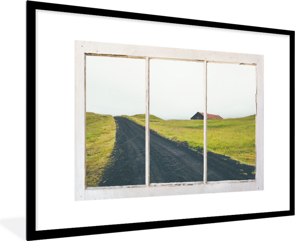 MuchoWow MuchoWow Gerahmtes Poster Aussicht - Straße - Gras 90x60 cm - Poster mit zchwarzem Bilderrahmen - Wanddekoration - Fotos