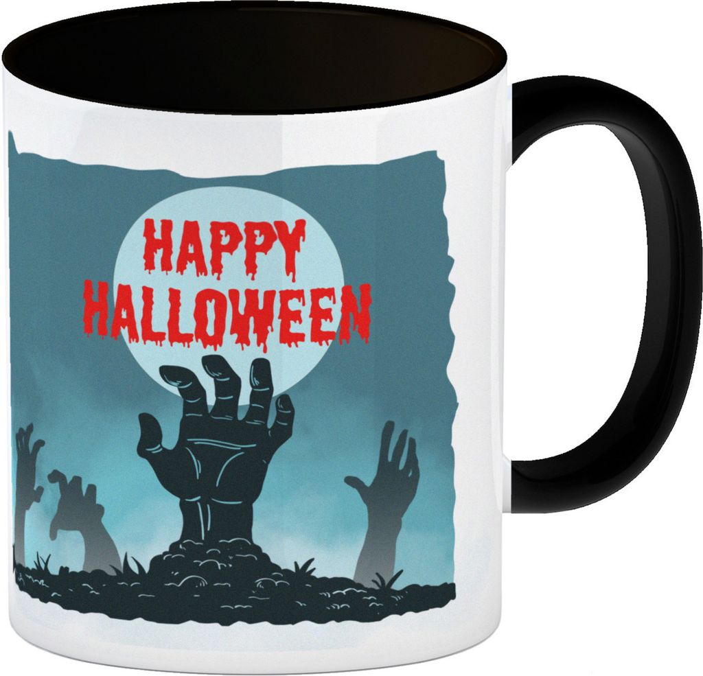 Happy Halloween Kaffeebecher Schwarz mit gruseligen Zombiehänden