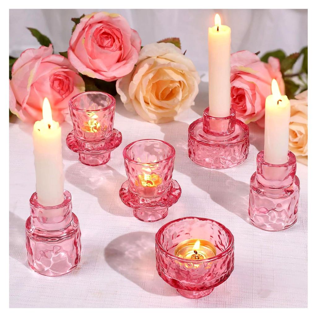6 Stück Kerzenhalter, 2-in-1 Kerzenständer für Stabkerzen und Teelichter, Rosa Teelichter Glas, geeignet für Partys, Festivals, Hochzeiten und ...