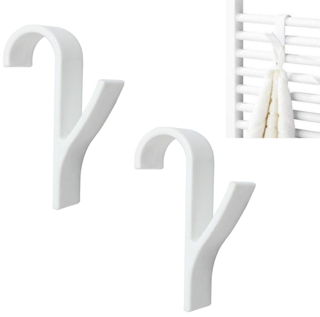 Two white hooks are shown against a white background, with a small inset image showing one hook attached to a radiator with a towel.