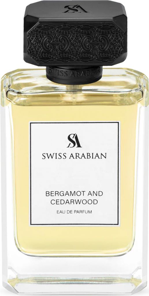 A clear, professional studio shot of a bottle of Swiss Arabian Bergamot And Cedarwood Eau De Parfum.